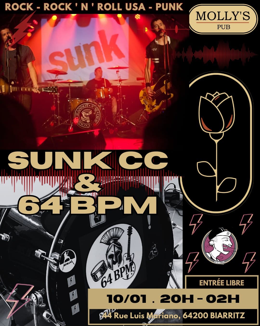 🔥 SUNK CC + 64BPM — Soirée Rock Live au Molly’s Pub 🔥
Samedi 10 janvier · Dès 20h

2026 démarre au Molly’s Pub.
Après quelques jours de pause, on rouvre avec ce qu’on aime le plus : vous accueillir au comptoir, du bon son en live et une vraie ambiance de pub. Les concerts reprennent dès ce samedi.

🎸 @64bpm_rock ouvre la soirée.
Le trio de Guéthary qu’on connaît bien revient avec son rock énergique, entre Green Day, Téléphone, Bob Marley et d’autres influences. Un set efficace pour lancer la soirée comme il faut.

⚡ @sunk_cc prend la suite.
Du punk rock festif venu de Bayonne, entre Bad Religion, NOFX, Rancid, le rock basque (Kortatu, Negu Gorriak) et les classiques du genre (The Clash, Ramones). Rapide, direct, sans détour.

🎶 Live dès 20h
📍 Molly’s Pub — Biarritz
🆓 Entrée libre

#MollysPub #Biarritz #LiveMusic #ConcertLive #Rock #PunkRock #SoiréeRock #64BPM #SUNKCC #PaysBasque #PubLife #RockNight