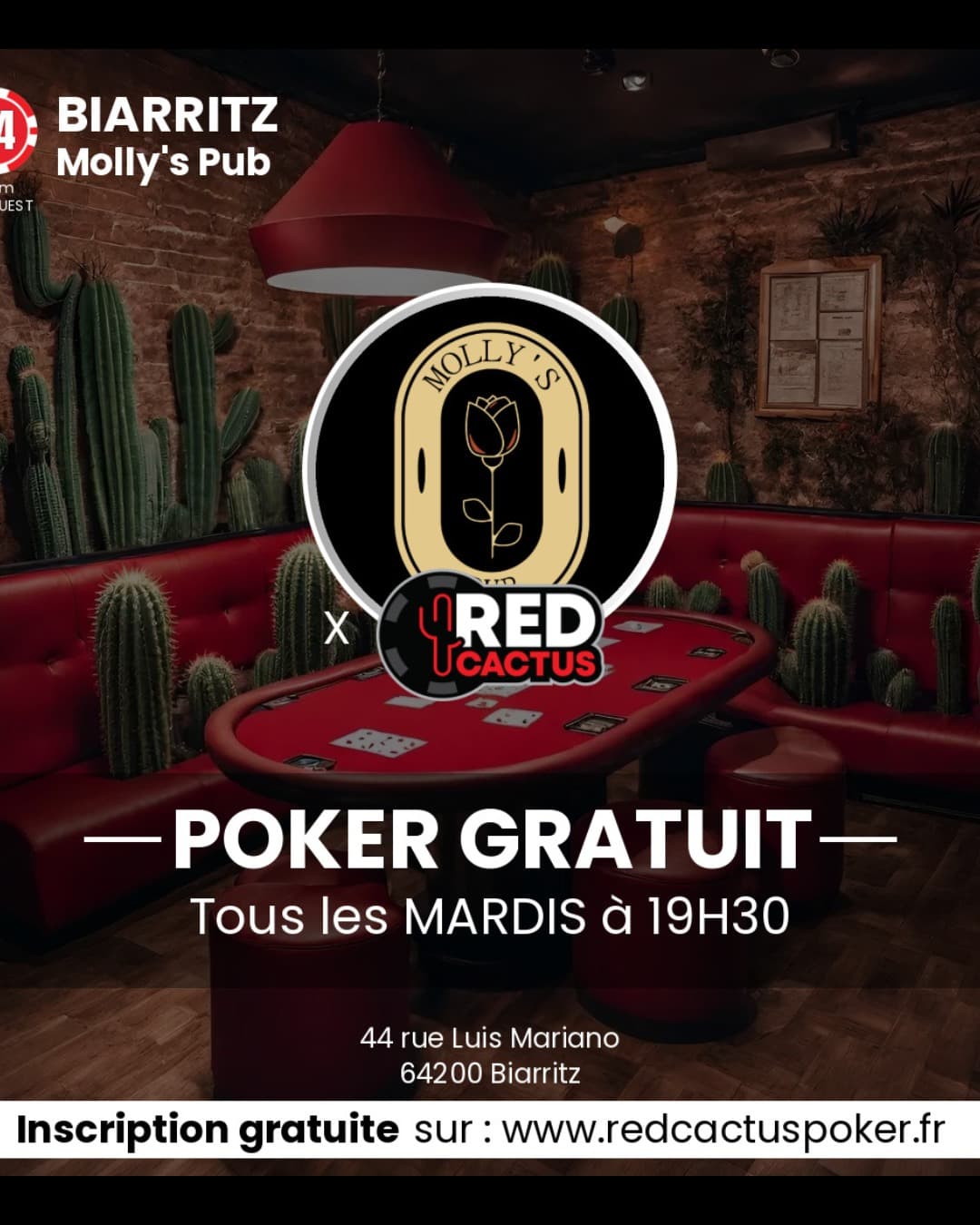 🔥 Nouveau rendez-vous au Molly’s !
À partir du 13 janvier 2026, tous les mardis à 19h30, le Molly’s Pub devient ton nouveau spot poker, en partenariat avec la ligue @redcactus_poker !

♣️ Parties gratuites
♦️ Ambiance conviviale
♥️ Tous niveaux bienvenus

Il suffit de t’inscrire en ligne et tu rejoins la table. Une soirée entière dédiée au jeu dans l’ambiance du Molly’s !

📍 Molly’s Pub – Biarritz
🔗 Inscription gratuite : poker.redcactus.fr

On vous attend pour distribuer les premières cartes !

#MollysPub #Biarritz #RedCactusPoker #PokerNight #SoiréePoker #BiarritzByNight